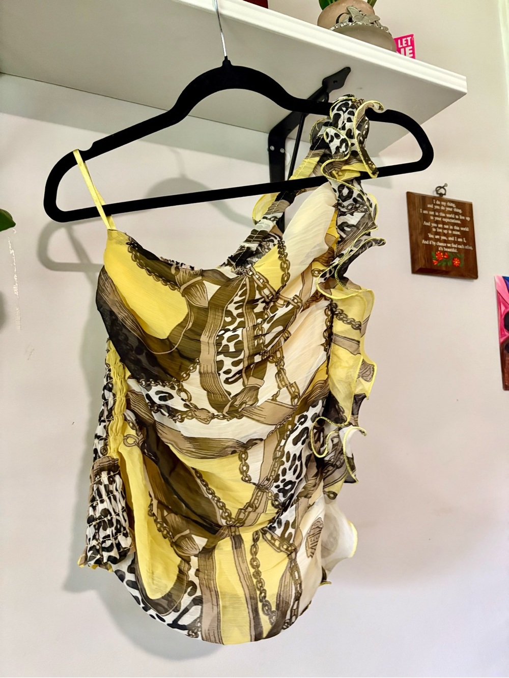 Just USA Yellow Chain & Leopard One-Shoulder Ruffle Top
